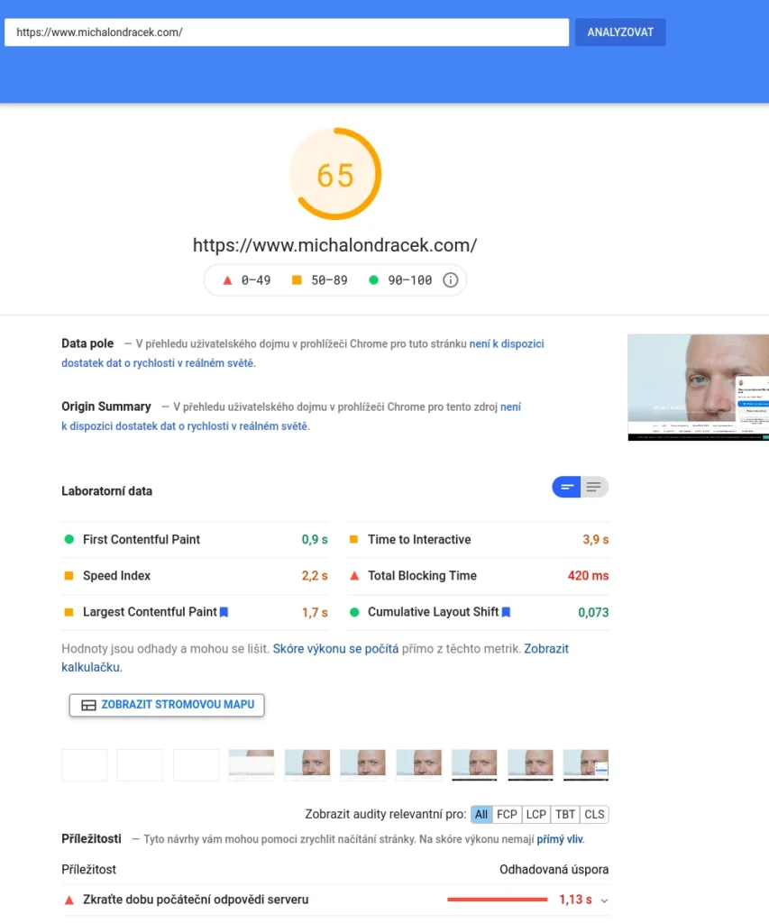 výsledek měření rychlosti PageSpeed Insights původního webu z 25.8.2021