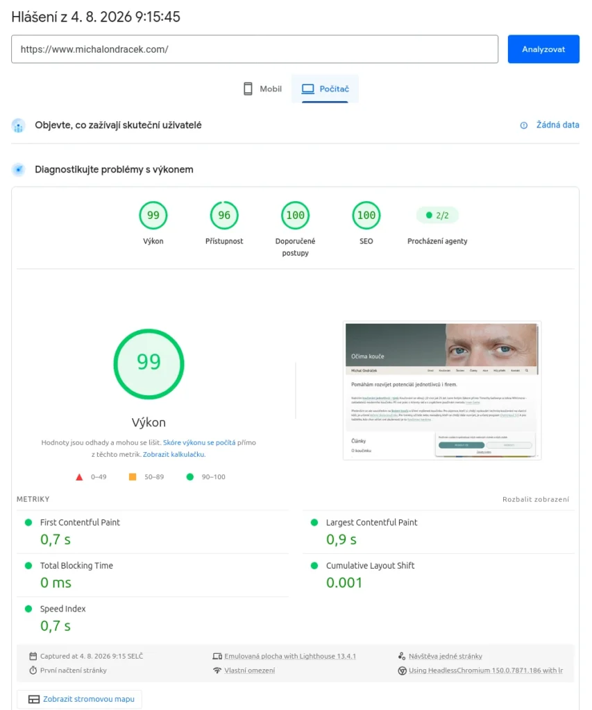 výsledek měření rychlosti PageSpeed Insights nového webu po 5 letech provozu z 4.8.2026